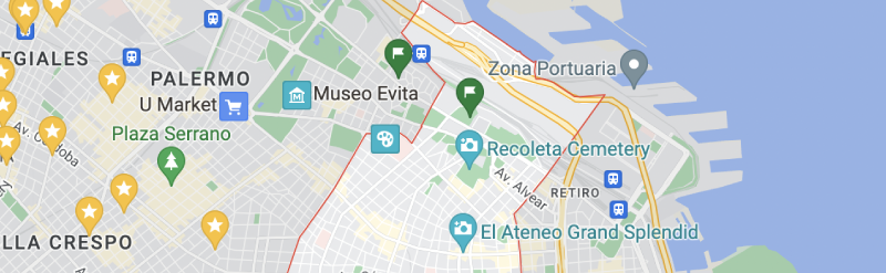 mapa palermo recoleta con puntos a pie